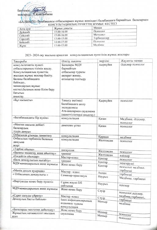 Мамандардың  консультациялық кеңес кестесі